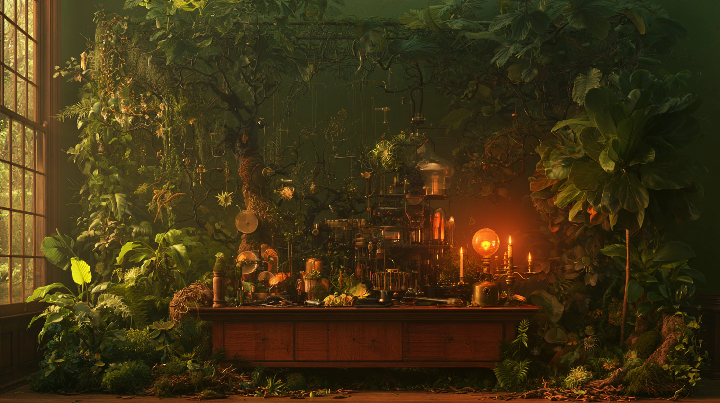 A workbench of instruments and glassware overgrown by a greenhouse, plants and machinery grown into one another.