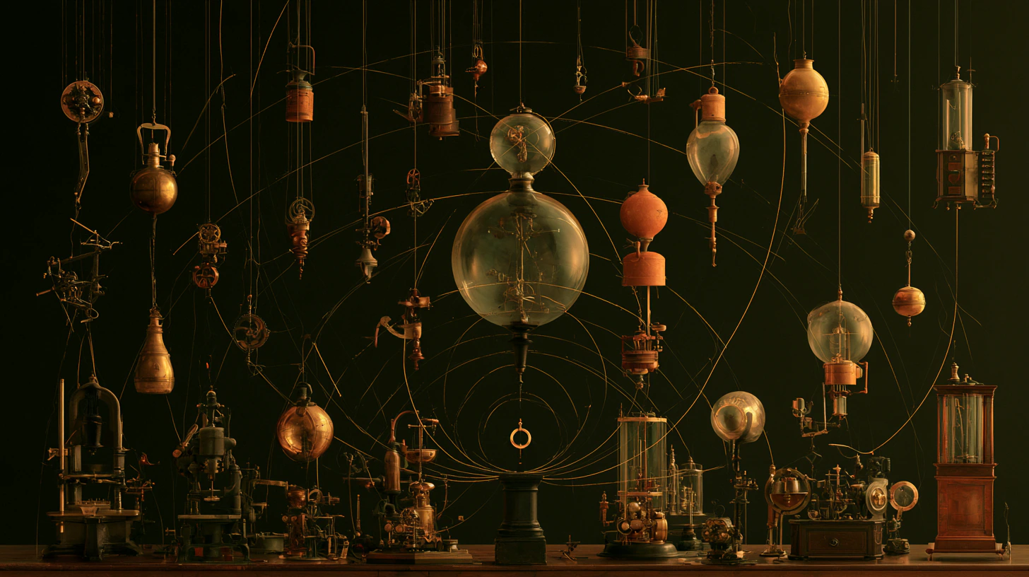 Dozens of brass instruments hung on wires in orbital arcs above a bench of machines, all running at once.