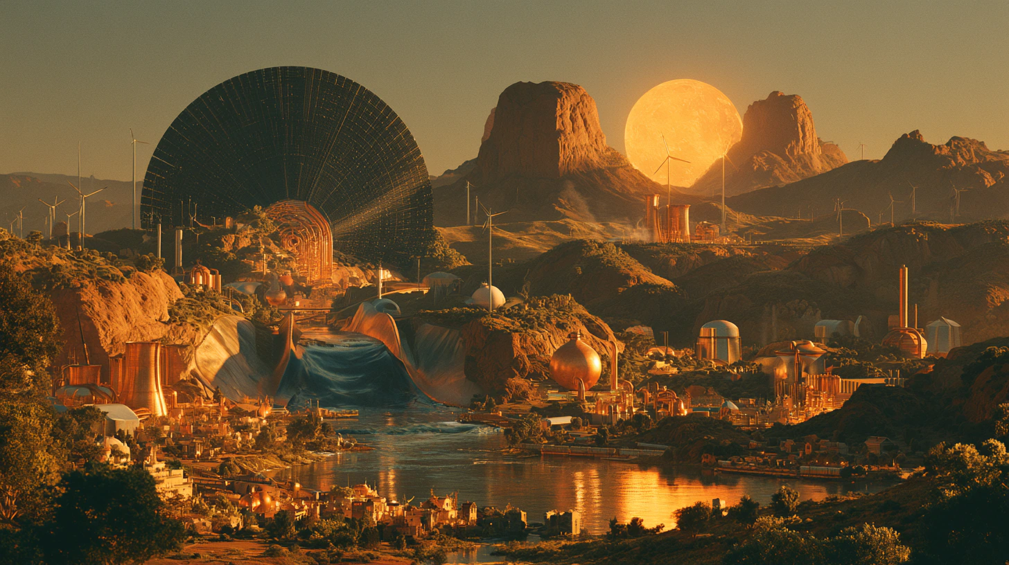 A valley of energy infrastructure at sunrise: a huge dish array, wind turbines along the ridges, and a working plant beside the water.